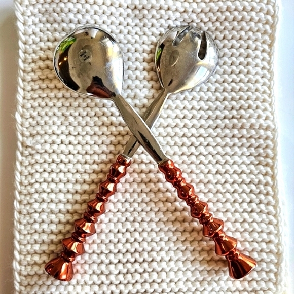 Vintage Copper Handled Metal Salad Servers, 12" Spoon Fork Salad Serving Set - Picture 12 of 13